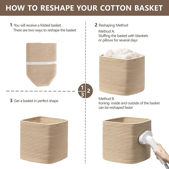 joybest 13inch Cube Storage Bins, Cotton Rope Woven Organizer Basket | Set of 4 Cube Bin Square Shelves Organizer Closet Storage, Nursery, Toy Organization, Brown - Image 7