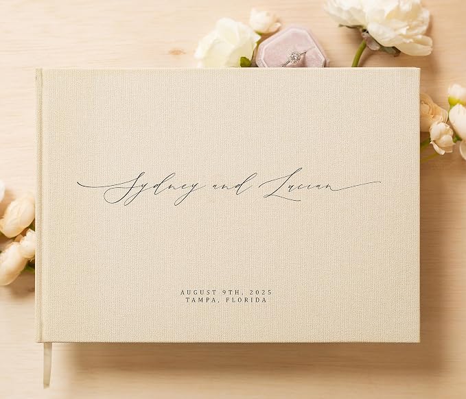 Personalized Guestbook in Cream - Premium Custom Modern Guest Book for Wedding Reception, Birthday Party or Events w/Bookmark Blank Pages for Signing, Extra Large 11.5 x 8.5 inches - Image 7