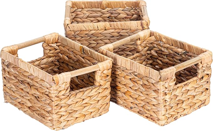 Small Wicker Baskets for Organizing Bathroom, Hyacinth Baskets for Storage, Wicker Storage Basket with Wooden Handle, Decorative Small Basket 10 x 7.5 x 6.3 inches - 3 Pack - Image 8