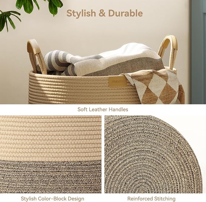 Nunsino 115L Woven Blanket Basket with Leather Handles, Cotton Rope Laundry Basket Hamper,Decorative Nursery Basket Toy Storage Basket for Kids, Living Room, Bedroom, Dark Brown Stripes - Image 6