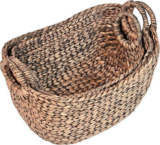 happimess Nellie 3-Piece Hyacinth Boat Wicker Storage Baskets 17", Brown | Farmhouse Classic Handwoven Nesting Design, Integrated Handles, Decor For Living Room Bedroom Nursery, Toy Blanket Organizers - Image 7