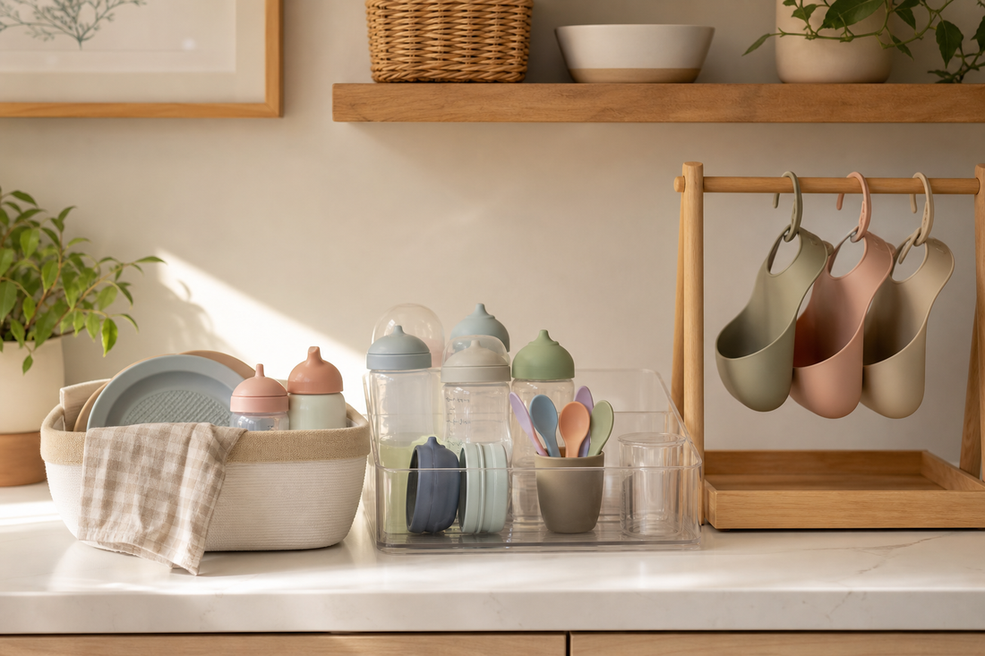 Unbranded repeatable routine scene featuring practical feeding-area organization