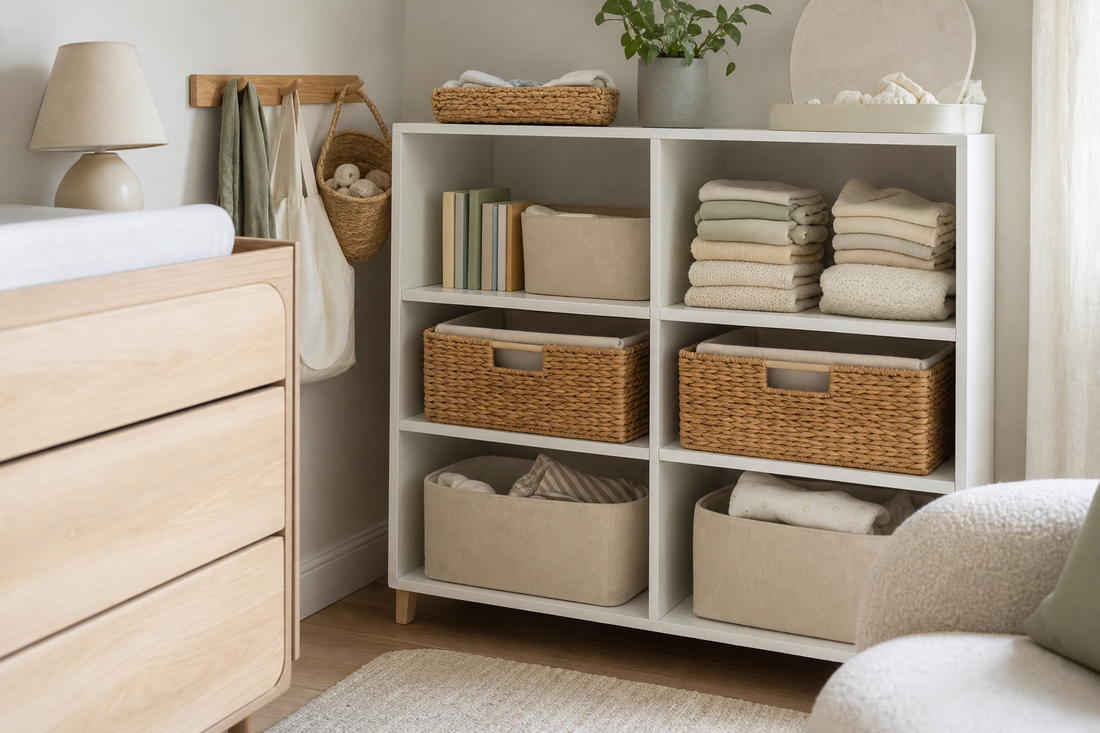 Unbranded repeatable routine scene featuring practical nursery organization
