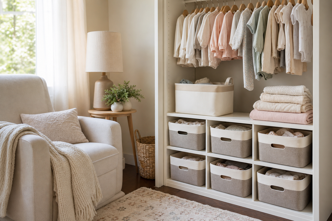Unbranded repeatable routine scene featuring practical nursery organization