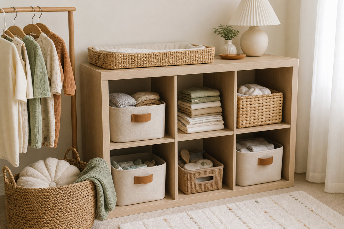 Unbranded close editorial detail featuring practical nursery organization