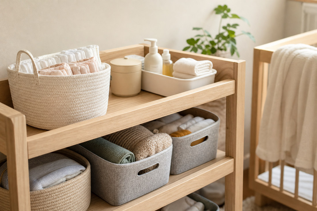 Unbranded close editorial detail featuring practical nursery organization