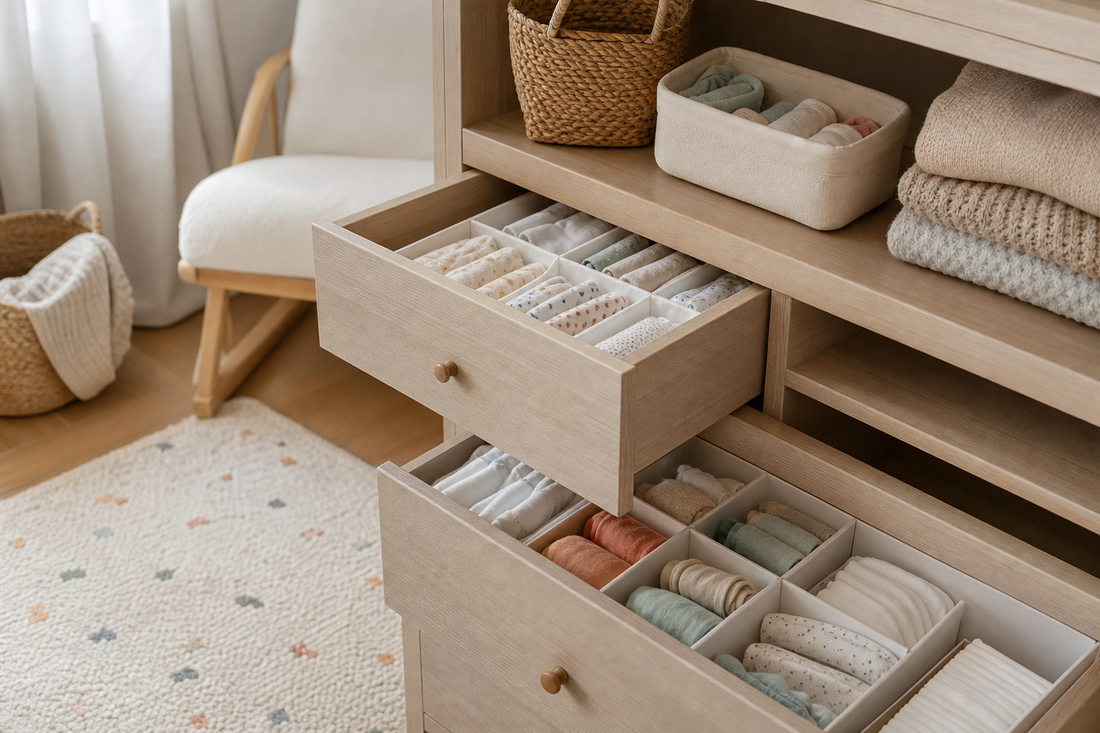 Unbranded close editorial detail featuring practical nursery organization