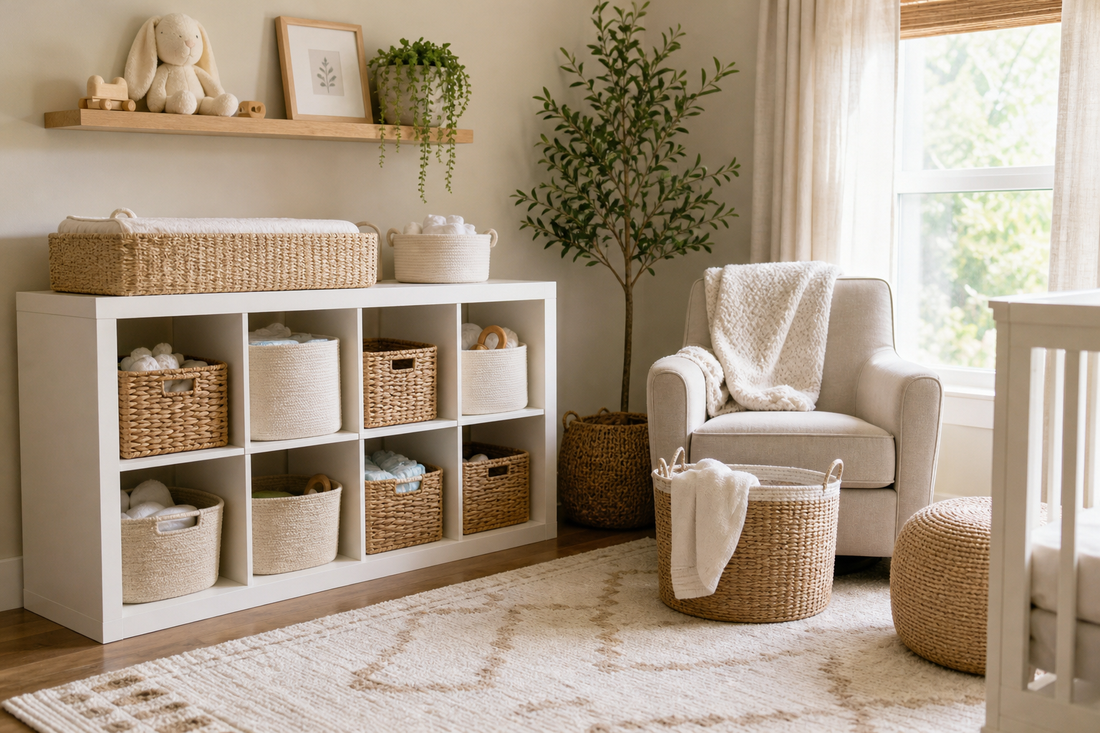 Unbranded repeatable routine scene featuring practical nursery organization