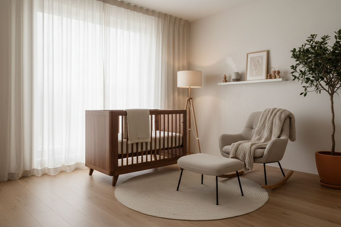 Premium minimalist nursery with organic materials and neutral tones designed for optimal infant development