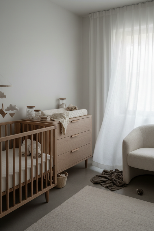 Minimalist luxury nursery interior showing pristine organization with premium non-toxic furniture in neutral tones, natural lighting, and subtle visual tension between perfect design and potential disorder, architectural photography style.