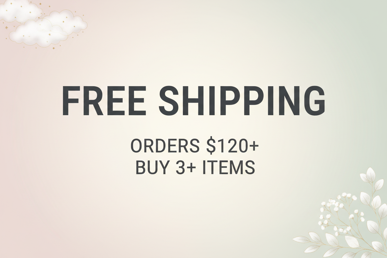Free shipping promotion for Sweet Pea Baby - free delivery on orders over $120 or when buying 3 or more items of premium baby essentials, apparel, and nursery products
