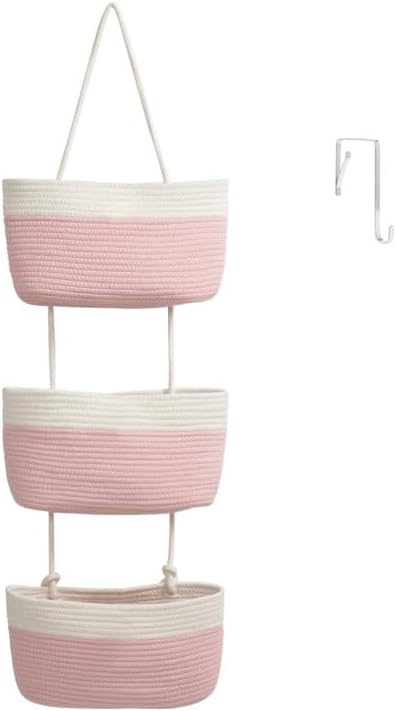 TeoKJ Over the Door Hanging Basket, 3-Tier Woven Cotton Wall-Mounted Storage Organizer Bag Decorative Hanging Nursery Baskets, Pink & White by TeoKJ