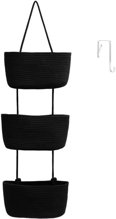 TeoKJ Over the Door Hanging Basket, 3-Tier Woven Cotton Wall-Mounted Storage Organizer Bag Decorative Hanging Nursery Baskets, Black by TeoKJ