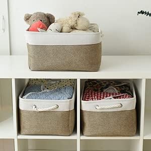Storage Basket for Organizing - 16x12x8 inch Large 3 Pack Collapsible Storage Bin for Shelves with Handles, Fabric Storage Cubes for Organizer Cloth Gift Toy Closet (Whiet & Khaki) - Image 2