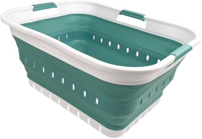 SAMMART 42L (11 gallon) Collapsible Plastic Laundry Basket - Foldable Pop Up Storage Container/Organizer - Space Saving Hamper/Basket (1, White/Celadon Green) by SAMMART
