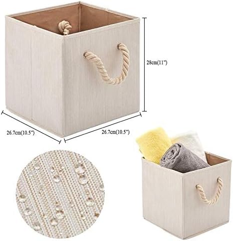 Foldable Bamboo Fabric Storage Bins [set of 4] with Cotton Rope Handles, Collapsible Organizer Boxes Basket - 10.5 x 10.5 x11 inch (Beige) - Image 3