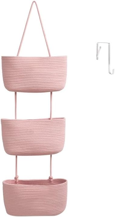 TeoKJ Over the Door Hanging Basket, 3-Tier Woven Cotton Wall-Mounted Storage Organizer Bag Decorative Hanging Nursery Baskets, Pink by TeoKJ