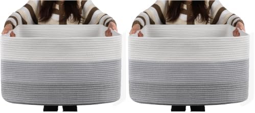 OIAHOMY Large Blanket Basket, 22”x17”x12” Rectangle Woven Baskets, Nursery Blanket Storage Living Room, Toy Storage With Handle, Large Baskets for Organizing-Gradient Grey (Pack of 2) by MasterofSpaceOptimization