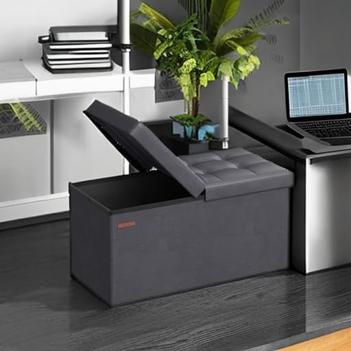 SONGMICS MAZIE Collection - 30 Inches Storage Ottoman Bench with Flipping Lid, Storage Chest Footstool, Load 660 lb, for Entryway, Living Room, Bedroom, Synthetic Leather, Dark Gray ULSF045G01 - Image 6