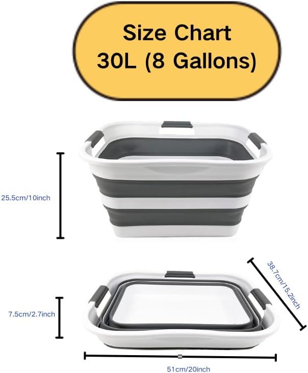 SAMMART Set of 2 Collapsible Plastic Laundry Basket/Organizer-Washing Tub-Foldable Pop Up Storage Container-Space Saving/Portable Hamper. Ideal for Home, Travel, Dorm & Camping (White/Steel Grey, 30L) - Image 6