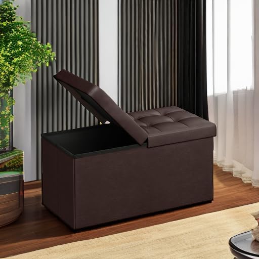 SONGMICS 30 Inches Folding Storage Ottoman Bench with Flipping Lid | Storage Chest Footrest Padded Seat, MDF Support, Ink Black, MINOTA Collection ULSF45BR - Image 6