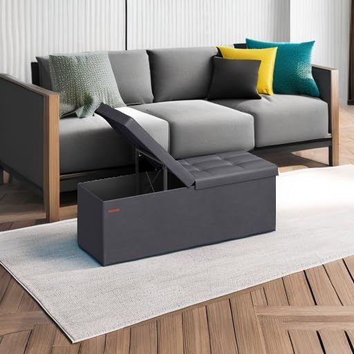 SONGMICS MAZIE Collection - 43 Inches Storage Ottoman Bench with Flipping Lid, Storage Chest with Iron Frame Support, Load 660 lb, for Living Room, Bedroom, Synthetic Leather, Dark Gray ULSF075G01 - Image 6