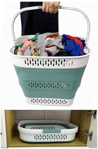 SAMMART 40L (10.5 Gallon) Collapsible Plastic Laundry Basket with Handles - Foldable Pop Up Storage Container/Organizer - Portable Laundry Hamper - Space Saving (2, White/Celadon Green) - Image 6