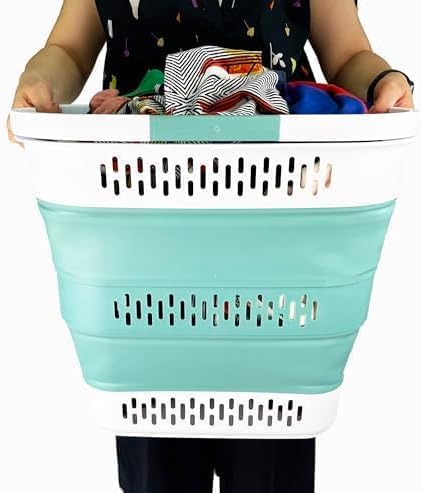SAMMART 40L (10.5 Gallon) Collapsible Plastic Laundry Basket with Handles - Foldable Pop Up Storage Container/Organizer - Portable Laundry Hamper - Space Saving (2, White/Celadon Green) - Image 4