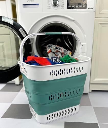 SAMMART 40L (10.5 Gallon) Collapsible Plastic Laundry Basket with Handles - Foldable Pop Up Storage Container/Organizer - Portable Laundry Hamper - Space Saving (2, White/Celadon Green) - Image 5