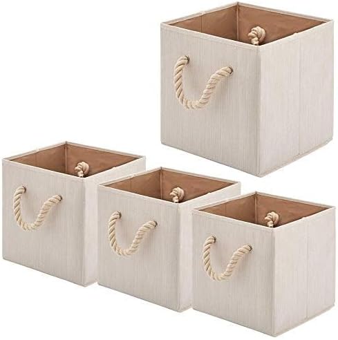 Foldable Bamboo Fabric Storage Bins [set of 4] with Cotton Rope Handles, Collapsible Organizer Boxes Basket - 10.5 x 10.5 x11 inch (Beige) - Image 2