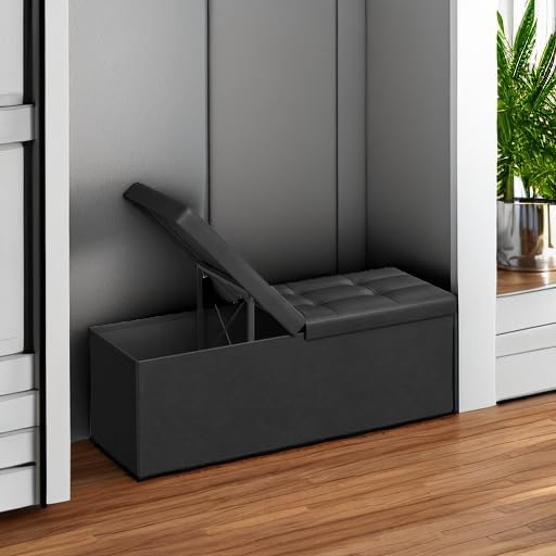 SONGMICS 43.3 Inches Folding Storage Ottoman Bench with Flipping Lid | Storage Chest Footrest Padded Seat, Iron Frame Support, Ink Black, MINOTA Collection ULSF75BK - Image 5