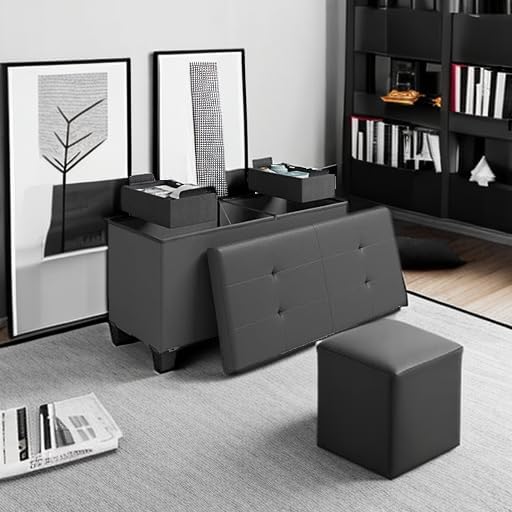 Storage Ottoman Bench with Bins, 30-in Storage Bench for Bedroom End of Bed, Folding Foot Rest Ottoman for Living Room Max 660lbs, Faux Leather Ottomans, Grey - Image 5