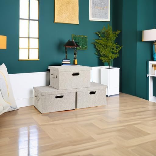 Graciadeco Medium 15" 21 Quart Collapsible Stackable Storage Bins with Lids, 3 Packs Beige Foldable Fabric Closet Boxes Heavy-duty Linen Cube Baskets Container for Bedroom Office (15 x 11 x 8) | 21 Quart 3 Pack Beige Collapsible Stackable Linen Fabric ... - Image 5
