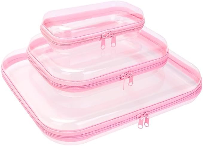 3PCS Clear Hard Shell Zipper Case 13.8 * 11.8 * 2 IN (Pink) | Transparent shell for easy item access. Works as cosmetic bag, toy pouch, diaper organizer and pencil case. - Image 8