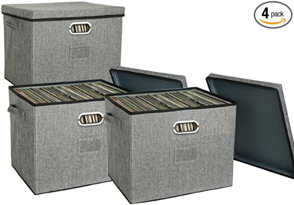 12-Inch Vinyl Record Storage Boxes with Lids and Handles, Stylish and Practical LP Record Organizer for 100+ Single Records, Suitable for Living Room, Study, Concert Hall or Office (Grey, 17"-3 Pack) by LuKeline