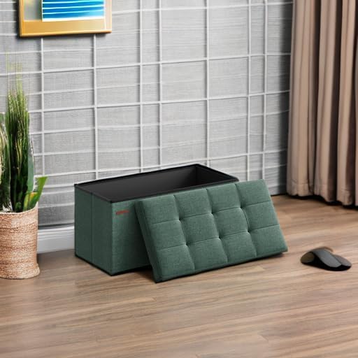 SONGMICS Mazie Collection - 30 Inches Folding Storage Ottoman Bench, Ottoman Foot Rest, End of Bed Bench, Storage Chest, Load 660 lb, for Living Room, Bedroom, Entryway, Retro Green ULSF047C01 - Image 6