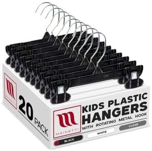 8in Black Plastic Children's Hangers with Rotating Hook (20 Pack) | Children's Black Plastic Hangers for Pants, Skirts Slacks & Bottoms, Rotating Metal Hook, Sturdy Plastic, Space-Saving Design by Mainetti