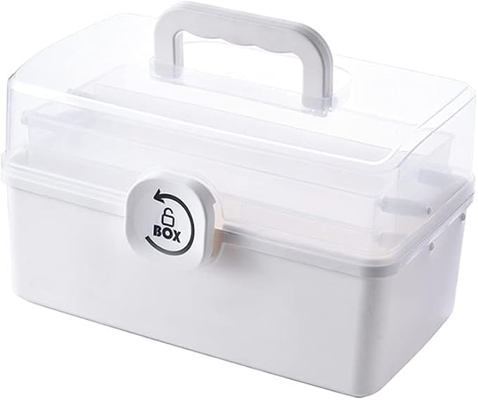 Sooyee Plastic Storage Box with 3-Tier Fold Tray, Tool Organizer Portable Handled Case, Lockable Container for Arts, Crafts, Cosmetic, Sewing, Toy, Washi Tape, Lego, Clear/White - Image 2