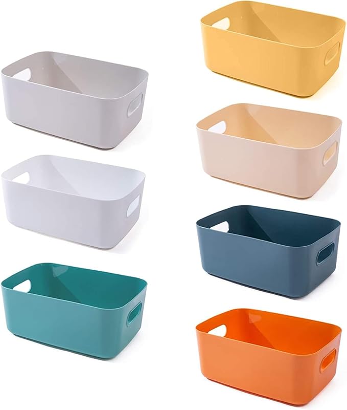 OWill 7 Pack Plastic Storage Bins, 4.2L Small Organizer Baskets with Handles, Pantry Cabinet Bathroom Classroom Storage Containers, Colorful Shelf Bins for Home Kitchen Closet Organization by OWill