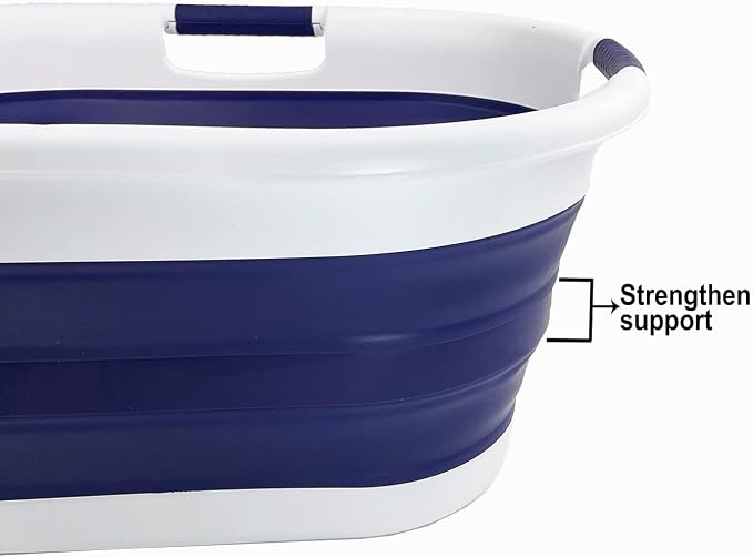 SAMMART Set of 2 Collapsible 3 handled Plastic Laundry Basket-Oval Tub/Basket-Foldable Storage Container/Organizer-Portable Washing Tub-Space Saving Laundry Hamper (40L Oval-White/Navy Blue) - Image 4