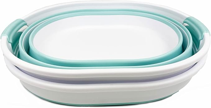 SAMMART 23L (6 Gallons) Collapsible Plastic Laundry Basket - Oval Tub/Basket - Foldable Storage Container/Organizer - Portable Washing Tub (White/Lake Green (Set of 2)) - Image 9
