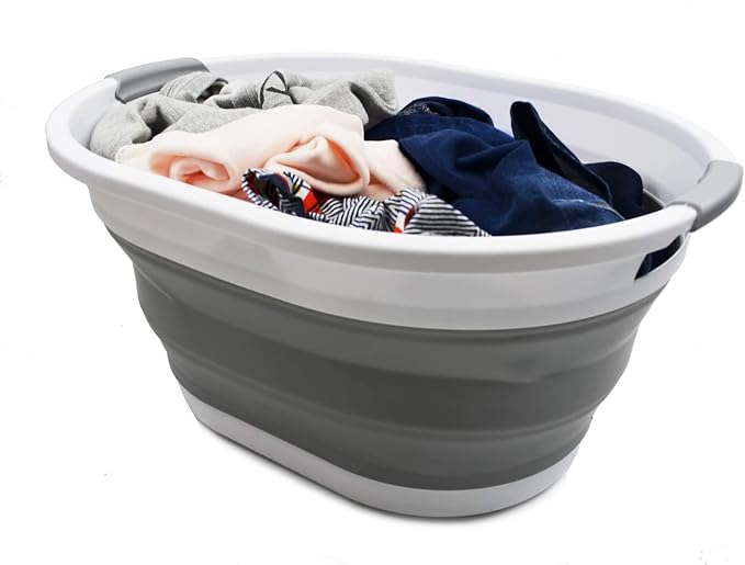 SAMMART 32L (8.4 Gallon) Collapsible Plastic Laundry Basket - Foldable Pop Up Storage Container/Organizer - Portable Washing Tub - Space Saving Hamper/Basket, Water Capacity: 24L (2, White/Grey) - Image 5