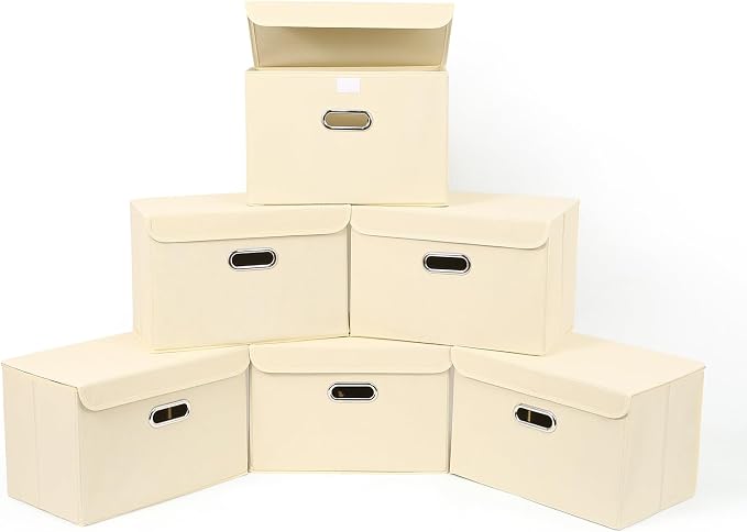 STOREONE Fabric Storage Cube Bins Foldable Organizer Container Collapsible Basket with Lids and Metal Handles, for Home, Bedroom, Closet 6 Pcs (Creamy-White) by STOREONE