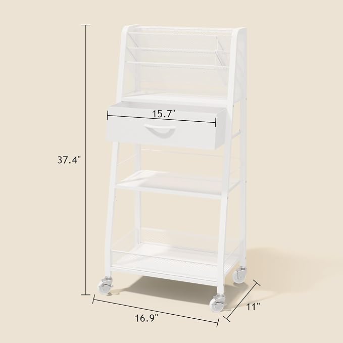 3 Tier Rolling Cart - Metal Utility Cart with Storage Drawer and Wheels, Versatile Art & Craft Organizer for Home, Office, or Studio - Ideal for Storing Brushes, Paints, and Supplies（White） - Image 4
