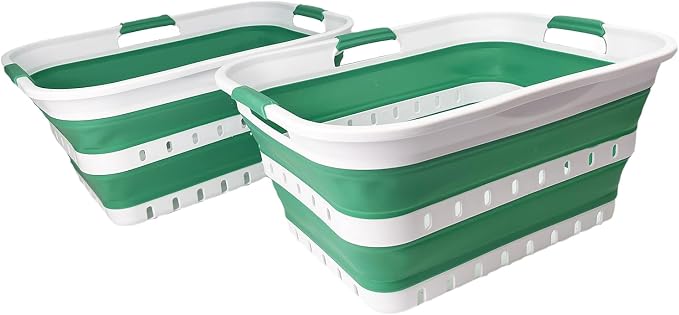 SAMMART 42 (11 Gallons) Collapsible Plastic Laundry Basket, Foldable Pop Up Storage Container/Organizer, Space Saving Hamper, Portable Bin for Dorm Room Bathroom (2, White/Winter Green) by SAMMART