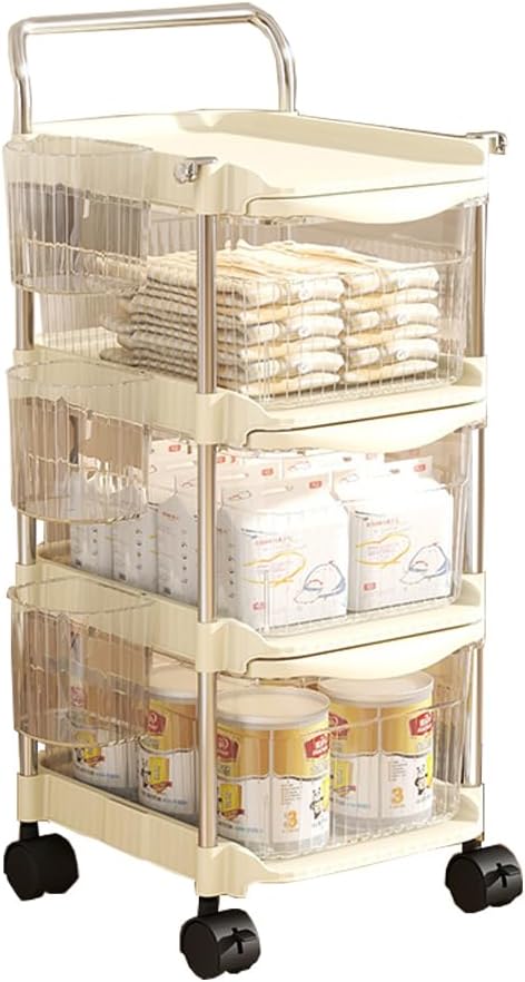 Baby Diaper Caddy Cart Organizer - Plastic Movable Cart Drawers with Hanging Basket, Rolling Utility Diaper Storage Caddy Organizer for Changing Table & Crib, Nursery, Bedroom (3 Tier) by MOMIGO