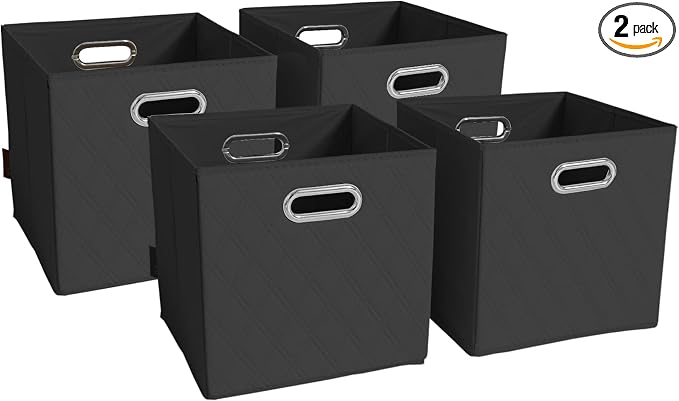 Small 11-inch Black Foldable Diamond Patterned Faux Leather Storage Cube Bins Set of Four with Handles with Dual Handles for living room, bedroom and office storage by JIAessentials