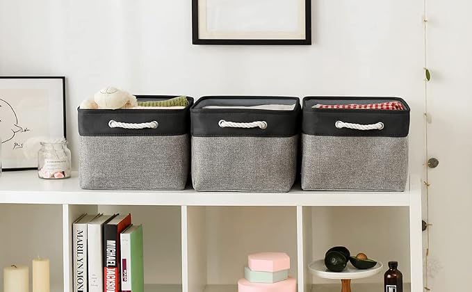 Organization and Storage Basket for Organizing - 17x14x10 inch Large 3 Pack Collapsible Storage Bin for Shelves, Fabric Basket for Gifts Empty Organizer Gift Closet (Black & Grey) - Image 4