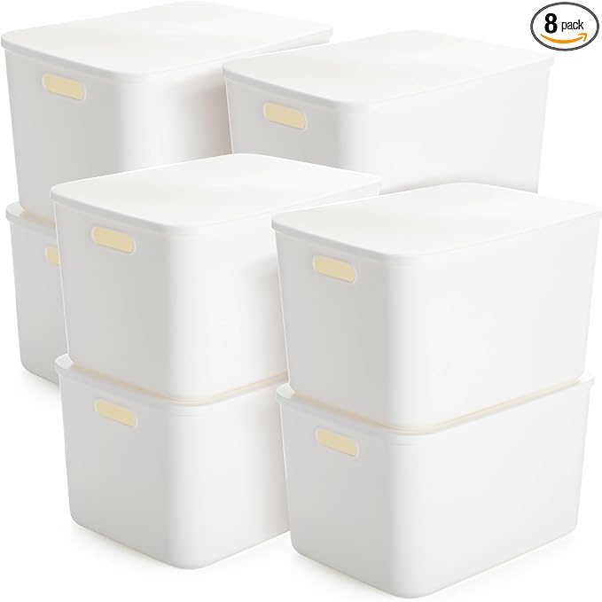 8 Pieces White Plastic Storage Bins with Lids, Stackable Storage baskets with Handle Containers Box for Shelves Drawers Desktop Playroom Classroom Office Organization(16 x 12 x 9.7 Inches) by Tuanse