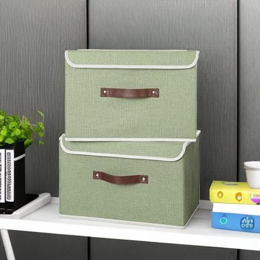 ANMINY Fabric Storage Box Bins with Lids, Green, 15"x10"x10", 2 Pack | Keepsake Memory Storage, Cotton Linen, PP Board Reinforced, Washable, PU Handles, Foldable & Stackable, Decorative, Large - Image 5